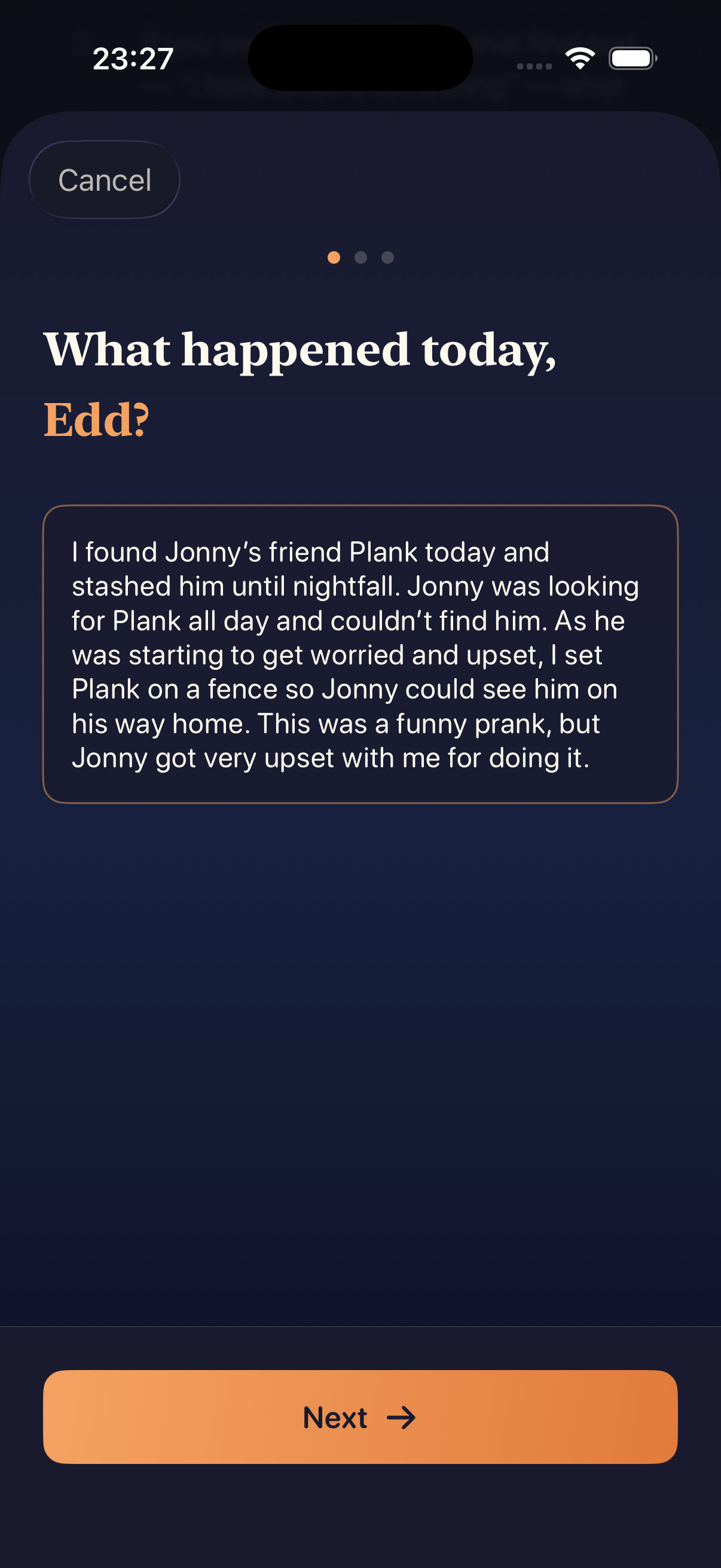 App screenshot — Log the moment