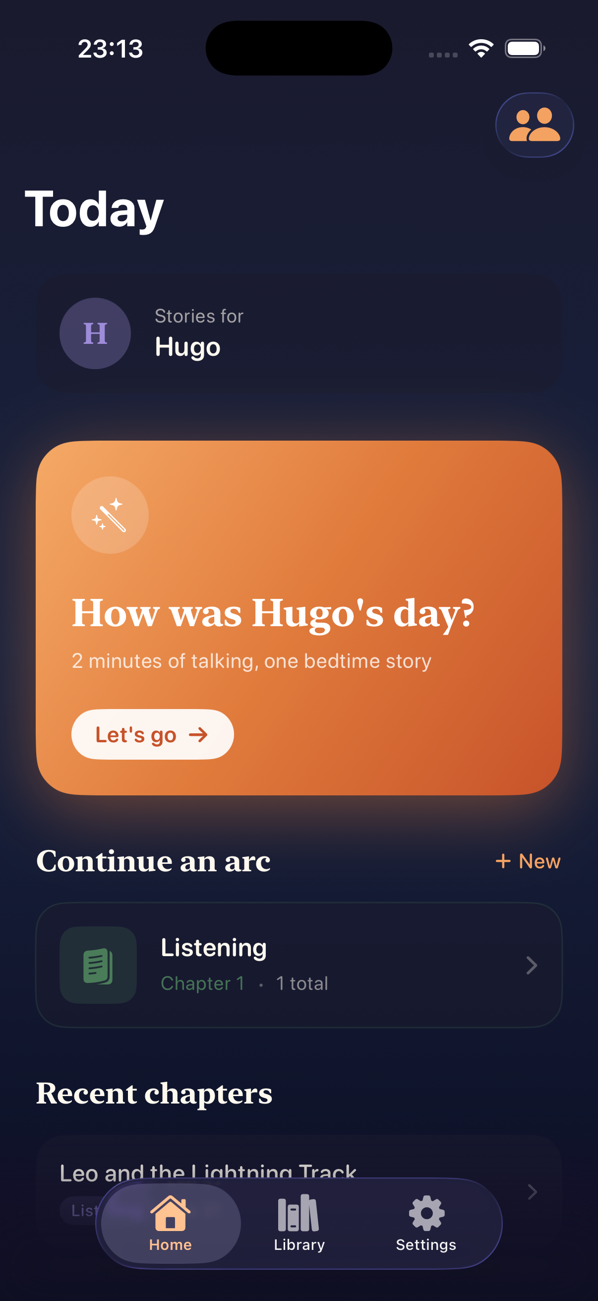 App home screen — Hugo